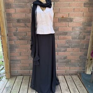 Chic Black Maxi Skirt with Pink Halter Top and Ruffle Scarf for Women Size S